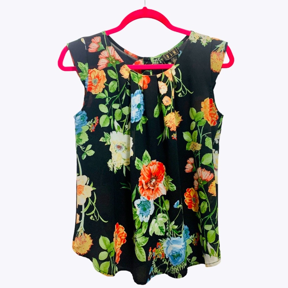 Black Floral Cap Sleeve Sheer Button-Back Blouse - Picture 2 of 13